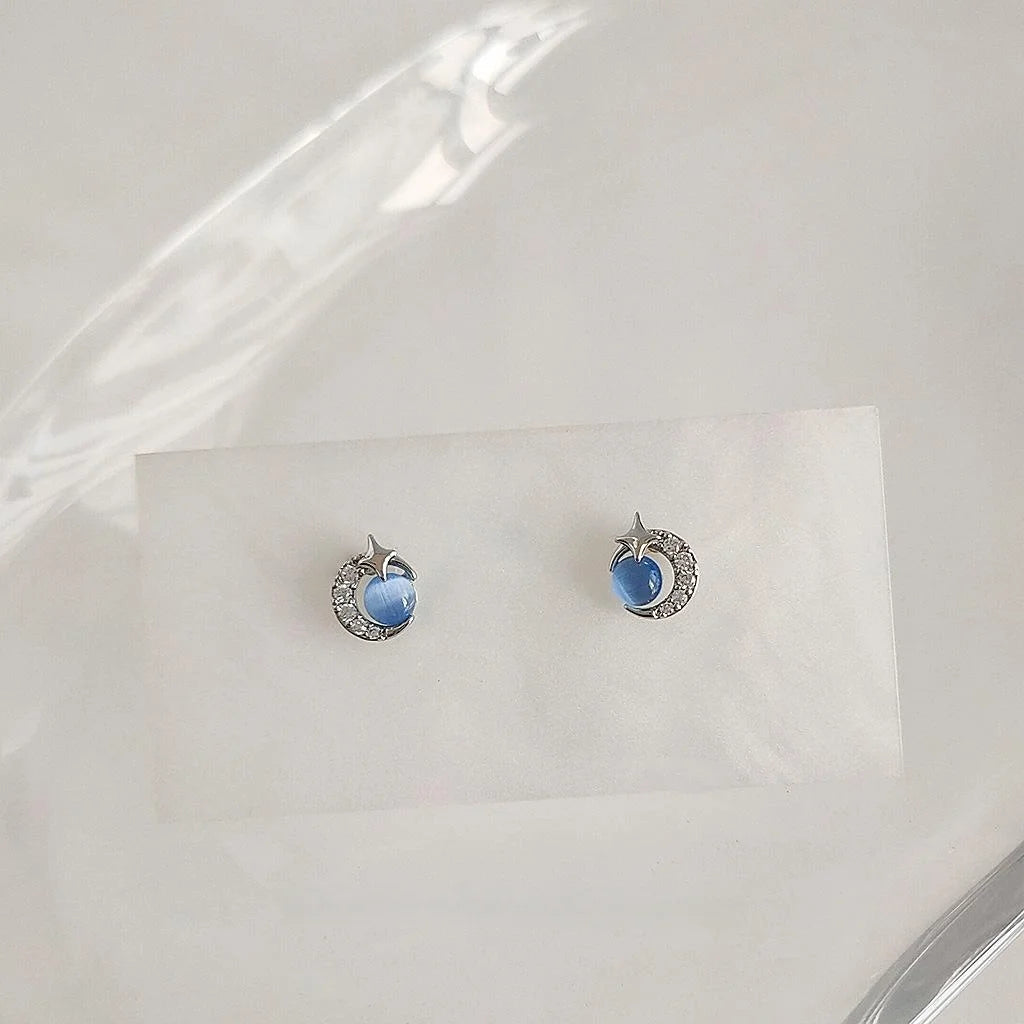 Minimalist Round Glass Cat Eye Stone Micro Pave Zircon Stud Earrings