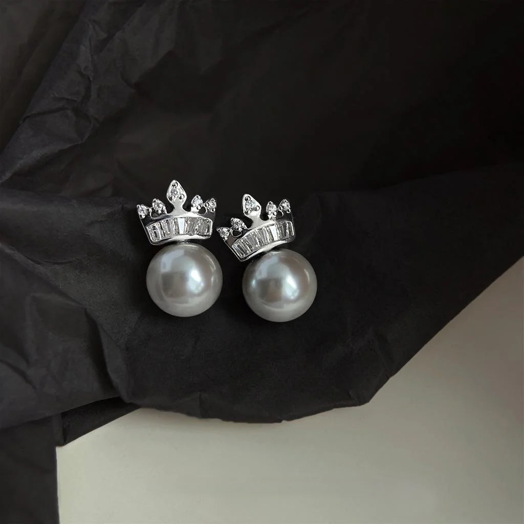 French Light Luxury Copper Glass Pearl Crown Stud Earrings With Micro Pave Zircon