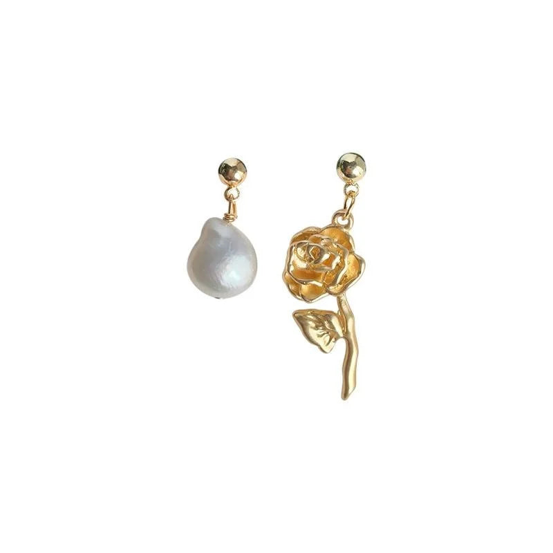 Baroque Freshwater Pearl Rose Flower Stud Earrings, Asymmetric French Vintage Copper