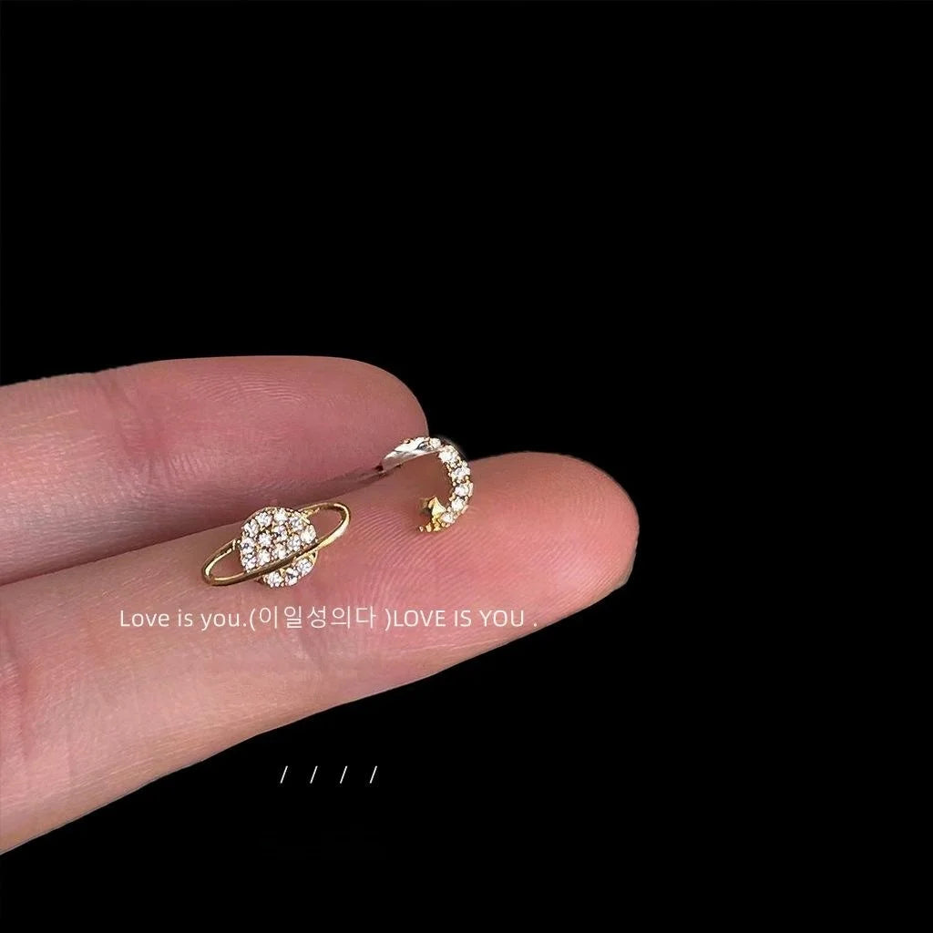 Micro Pave Zircon Star Moon Stud Earrings For Women, Simple Asymmetric Copper Mini Ear Jewelry