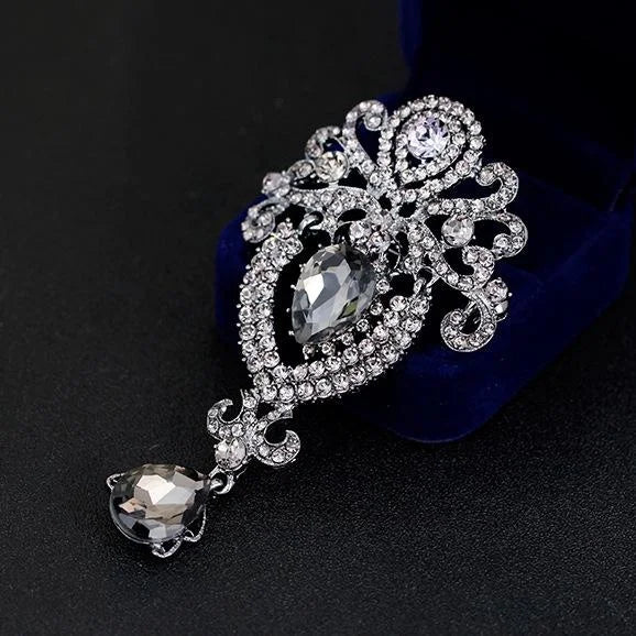 Elegant Crown Crystal Rhinestone Brooch With Teardrop Pendant, Luxury Lapel Pin Corsage Suit Accessory