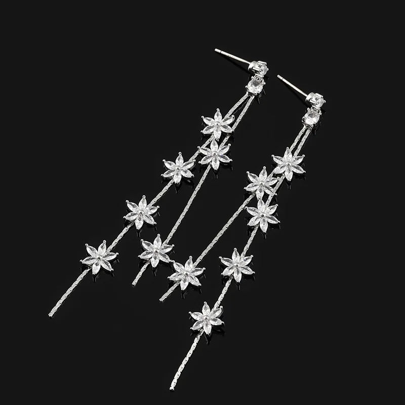 Elegant Rhinestone Flower Tassel Bridal Long Drop Stud & Clip On No Piercing Wedding Earrings