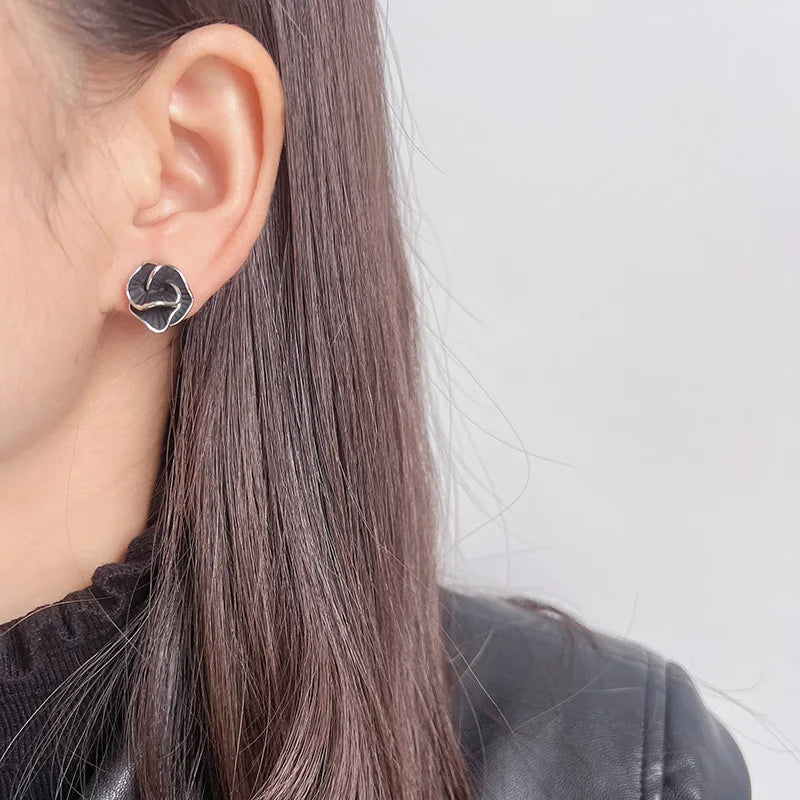 Elegant Black Camellia Flower Enamel Alloy Stud & Clip On No Piercing Minimalist Floral Earrings