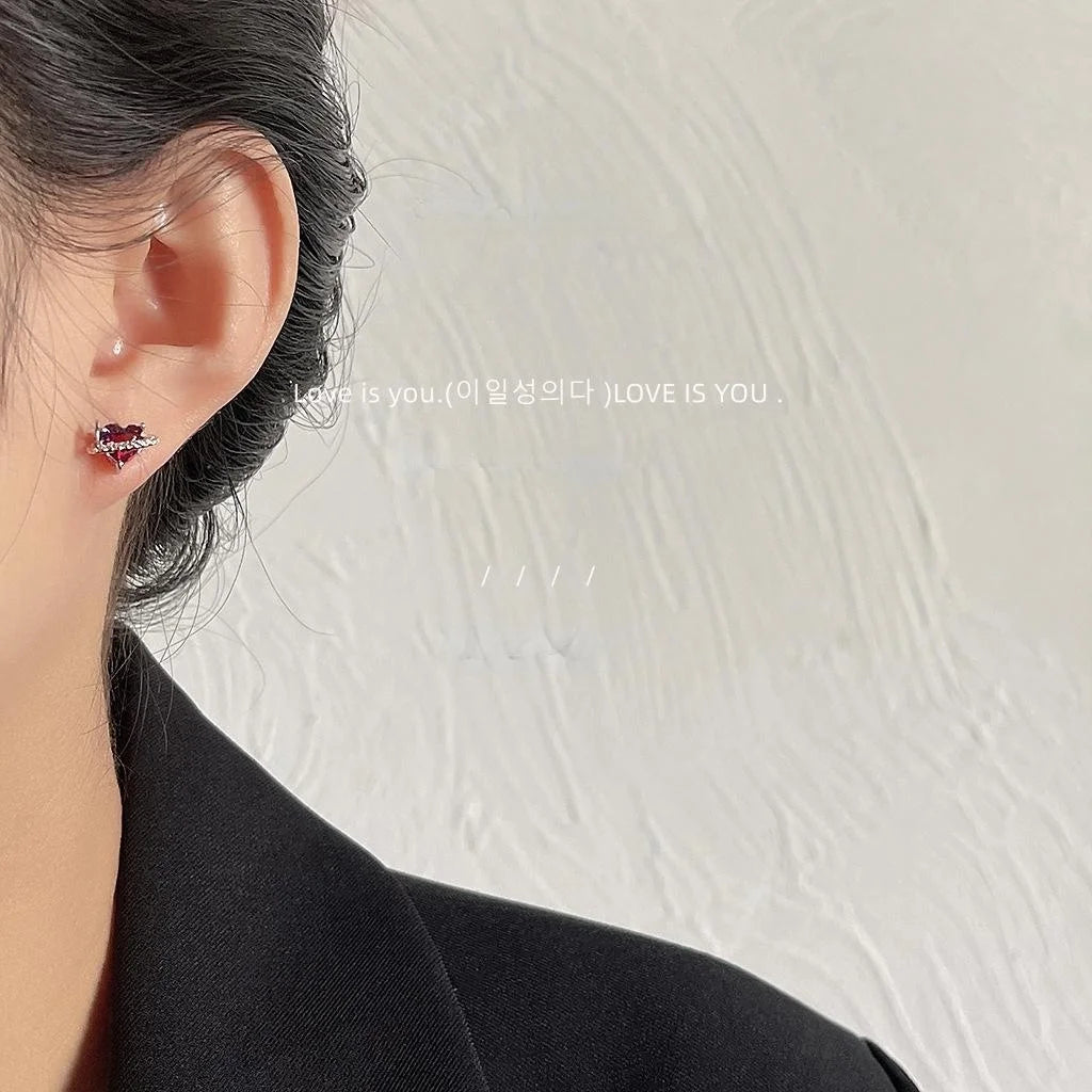 Sweet Cool Copper Micro Pave Zircon Arrow Heart Asymmetric Stud Earrings Iridescent Pink Trendy Jewelry