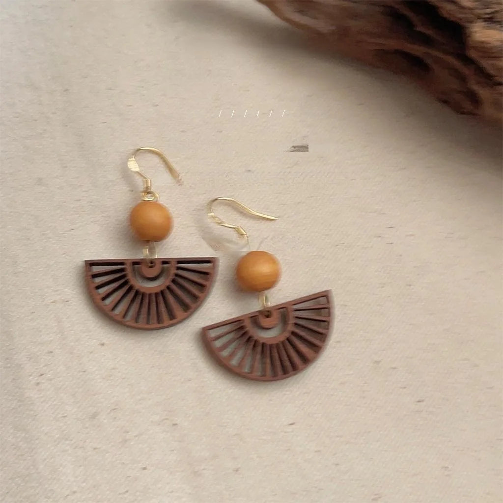 Vintage New Chinese Style Handmade Fan Shaped Copper Drop Earrings With Silver Plated Pins