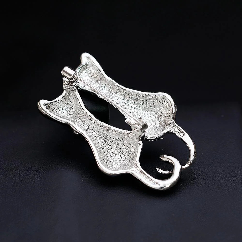 Elegant Black White Enamel Rhinestone Double Cat Brooch, Alloy Lapel Pin Corsage Suit Accessory Gift