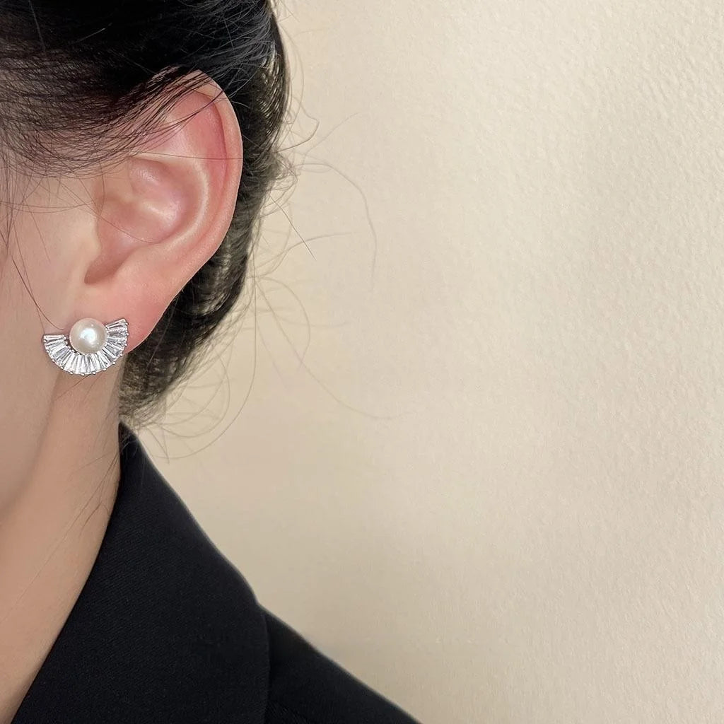 Light Luxury Geometric Fan Freshwater Pearl Micro Pave Zircon Copper Drop Earrings
