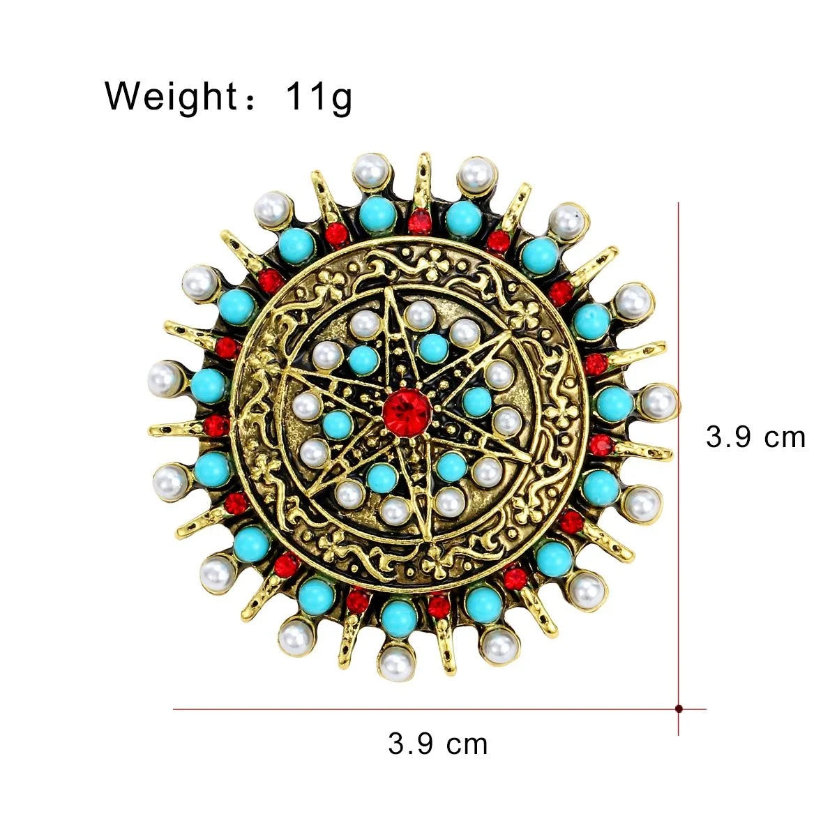Vintage Bohemian Round Disk Brooch, Gold-Tone Alloy With Faux Pearls Turquoise Beads And Red Rhinestone Lapel Pin Gift