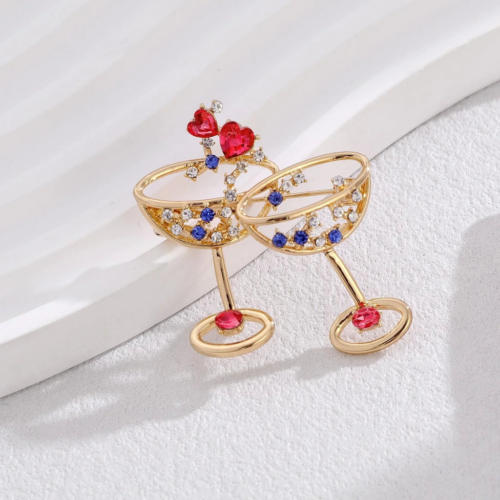 Elegant Gold Alloy Clinking Champagne Glasses Brooch With Colorful Rhinestones, Luxury Lapel Pin Gift