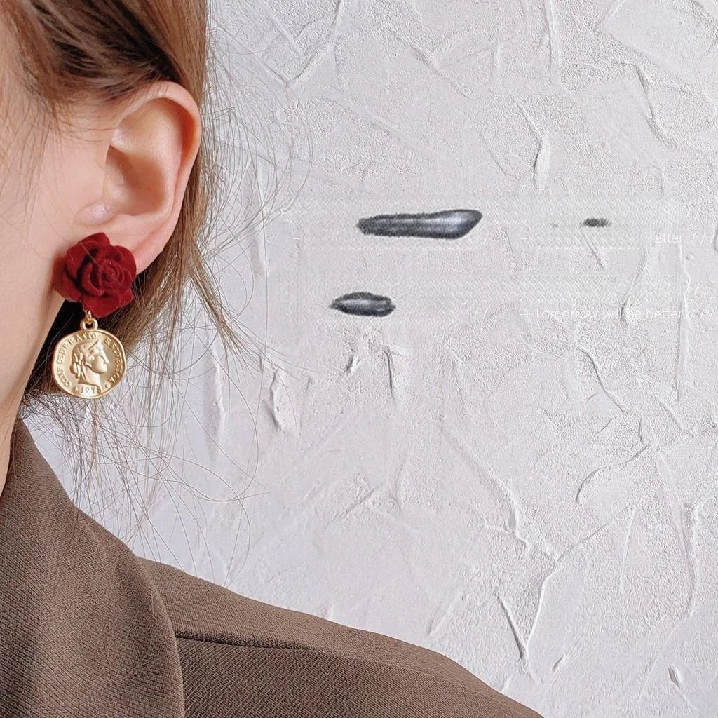 French Vintage Flocked Resin Rose Stud Earrings With 14K Silver Plated Pins Elegant Floral Jewelry