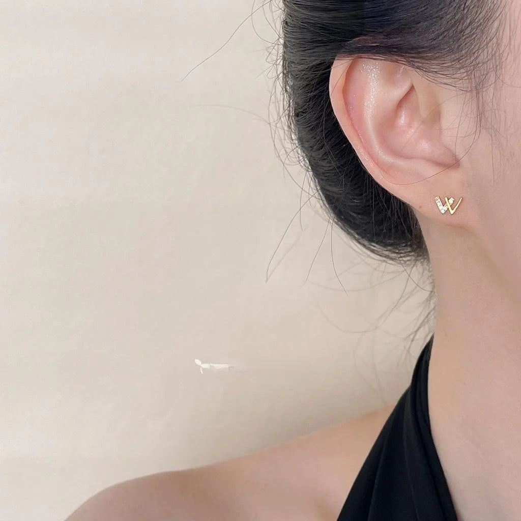 Mini 14K Plated Copper Letter W Stud Earrings With Micro Pave Zircon Minimalist Jewelry