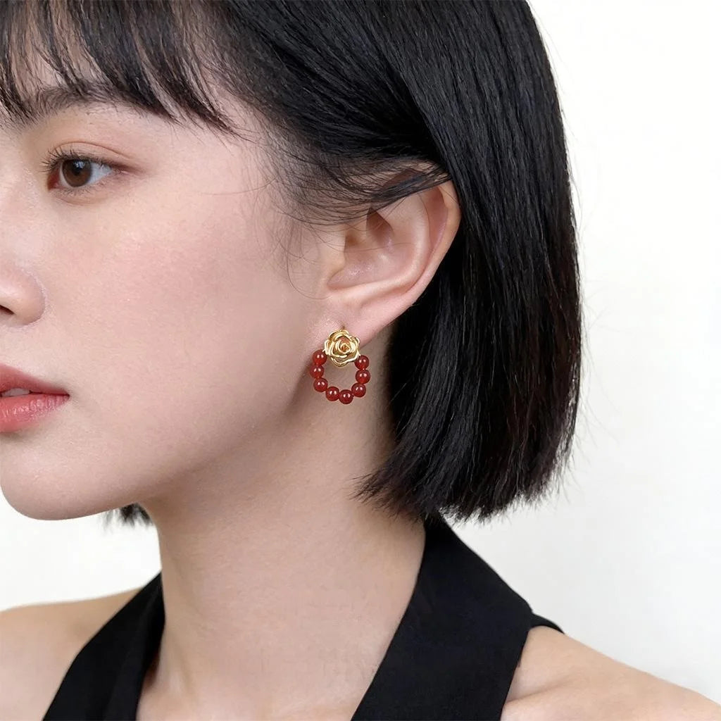 Handmade Ethnic Geometric Rose Natural Red Agate Copper Drop Earrings Posts