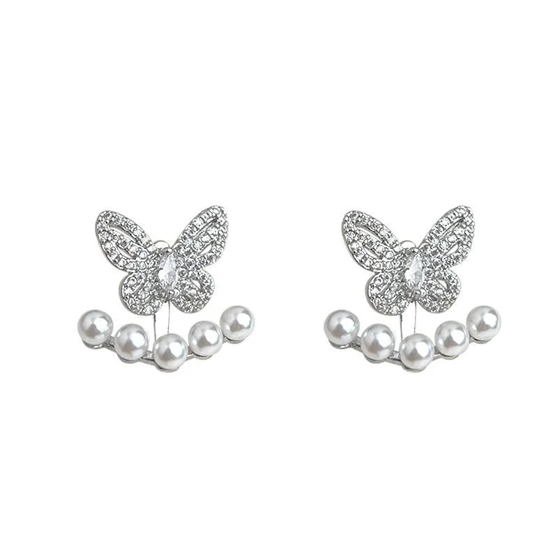 Two Way Butterfly Pearl Drop Earrings With Micro Pave Zircon Copper Sweet Style