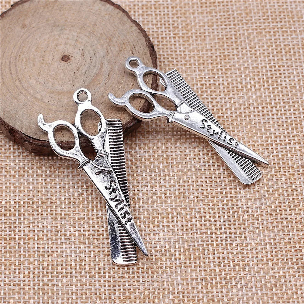 24x53mm 5.4g Multicolor Zinc Alloy Barber Scissors and Comb Charm Pendant for DIY Jewelry Making