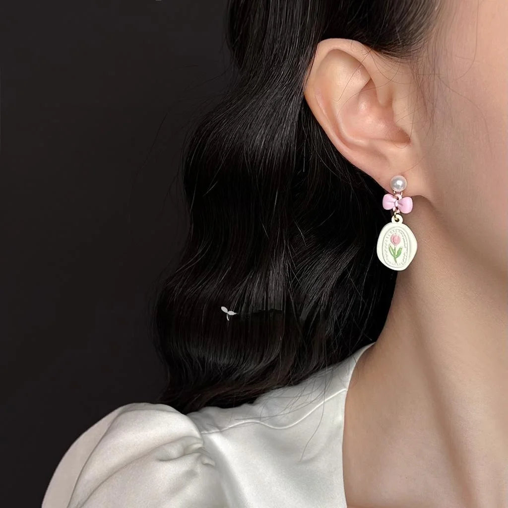 Sweet Fresh Pink Enamel Tulip Bow Flower Eco-Friendly Copper Drop Earrings For Women