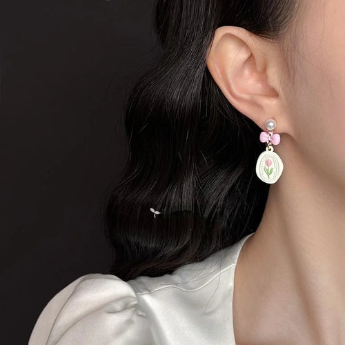 Sweet Fresh Pink Enamel Tulip Bow Flower Eco-Friendly Copper Drop Earrings For Women