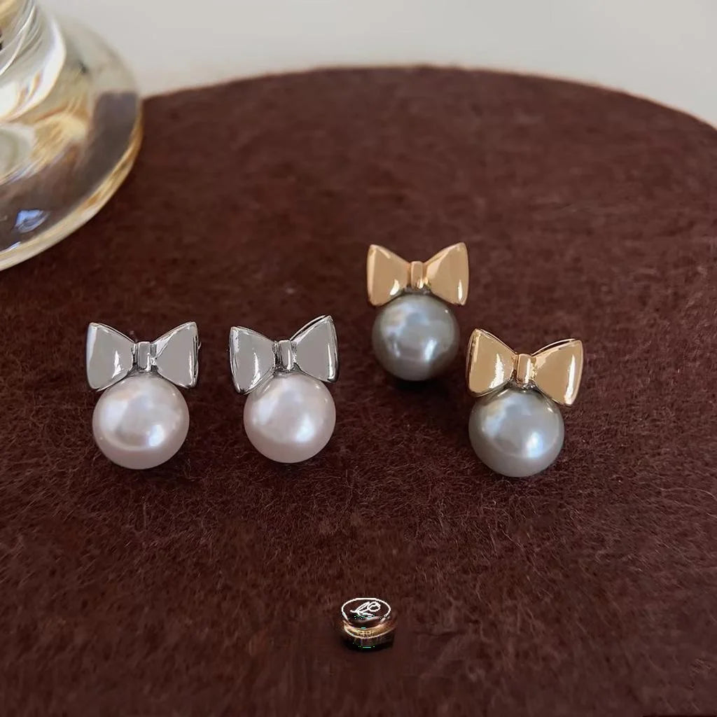 Glass Pearl Bow Drop Earrings for Women, Silver Plated Pin, Elegant Sweet Minimalist Jewelry