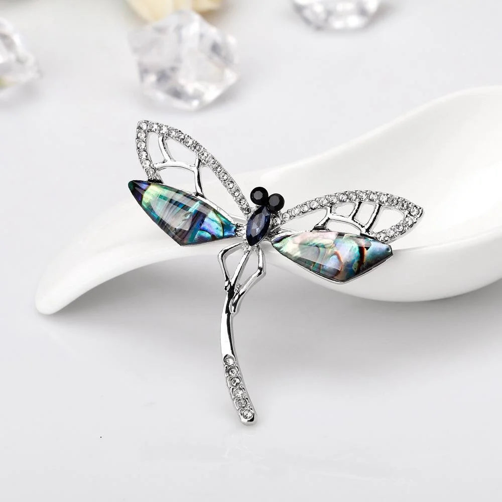 Vintage Dragonfly Brooch With Rhinestone Zircon And Mother Of Pearl Wings, Elegant Women's Lapel Pin Gift