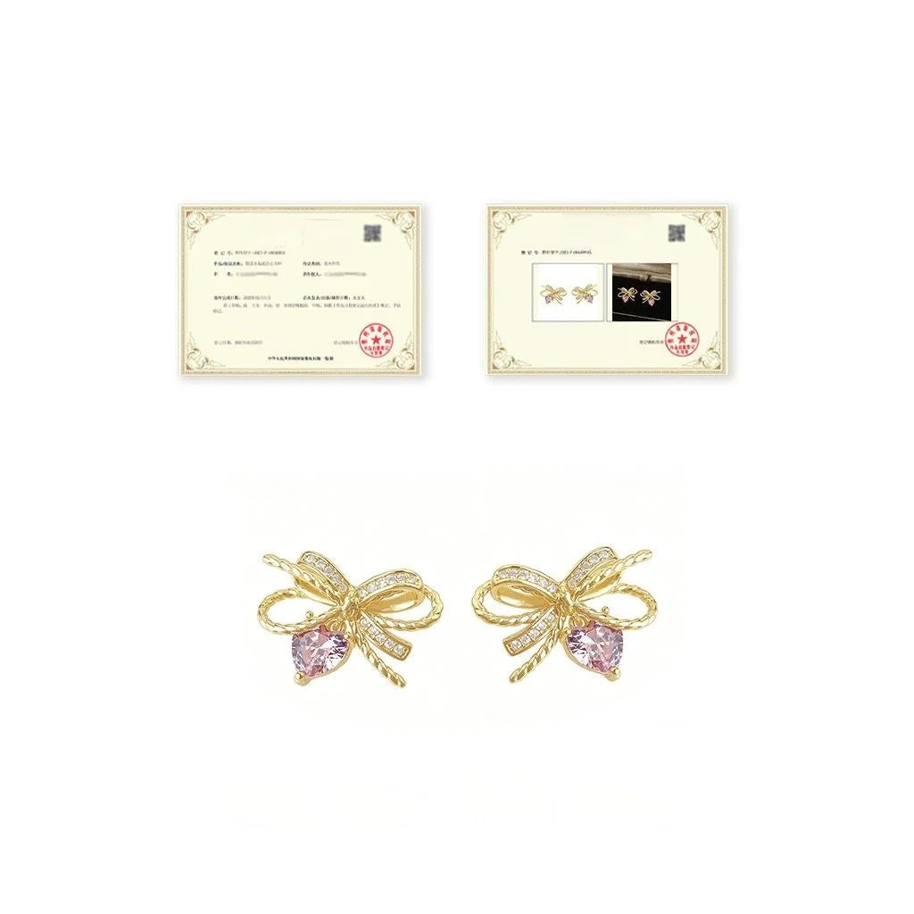 Sweet Pink Bow Heart Drop Earrings Copper Micro Pave Zircon Fresh Geometric Jewelry