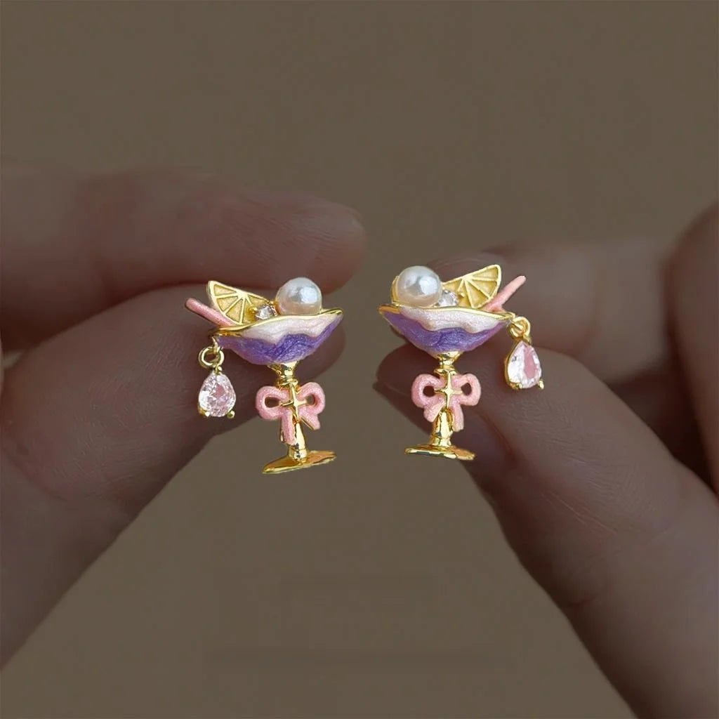 Sweet Style Wine Glass Stud Earrings Copper Zircon Micro Pave Pearl Painted Geometric Jewelry