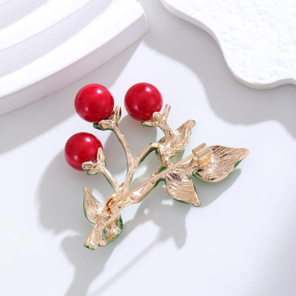 Cute Enamel Cherry Branch Brooch For Women, Alloy Fruit Lapel Pin Corsage Suit Accessory Gift