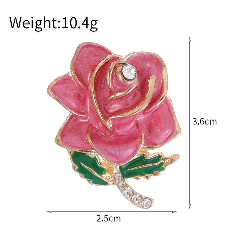 Elegant Pink Enamel Rose Flower Alloy Rhinestone Brooch, Luxury Floral Lapel Pin Corsage Gift