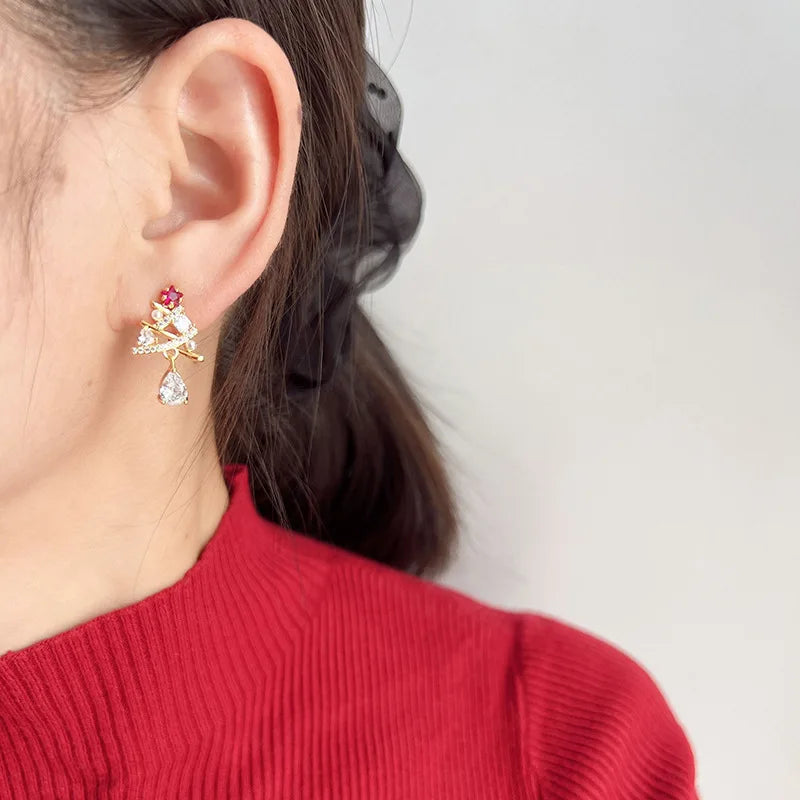 Elegant Zircon Pearl Christmas Tree Drop Stud & Clip On No Piercing Holiday Party Earrings
