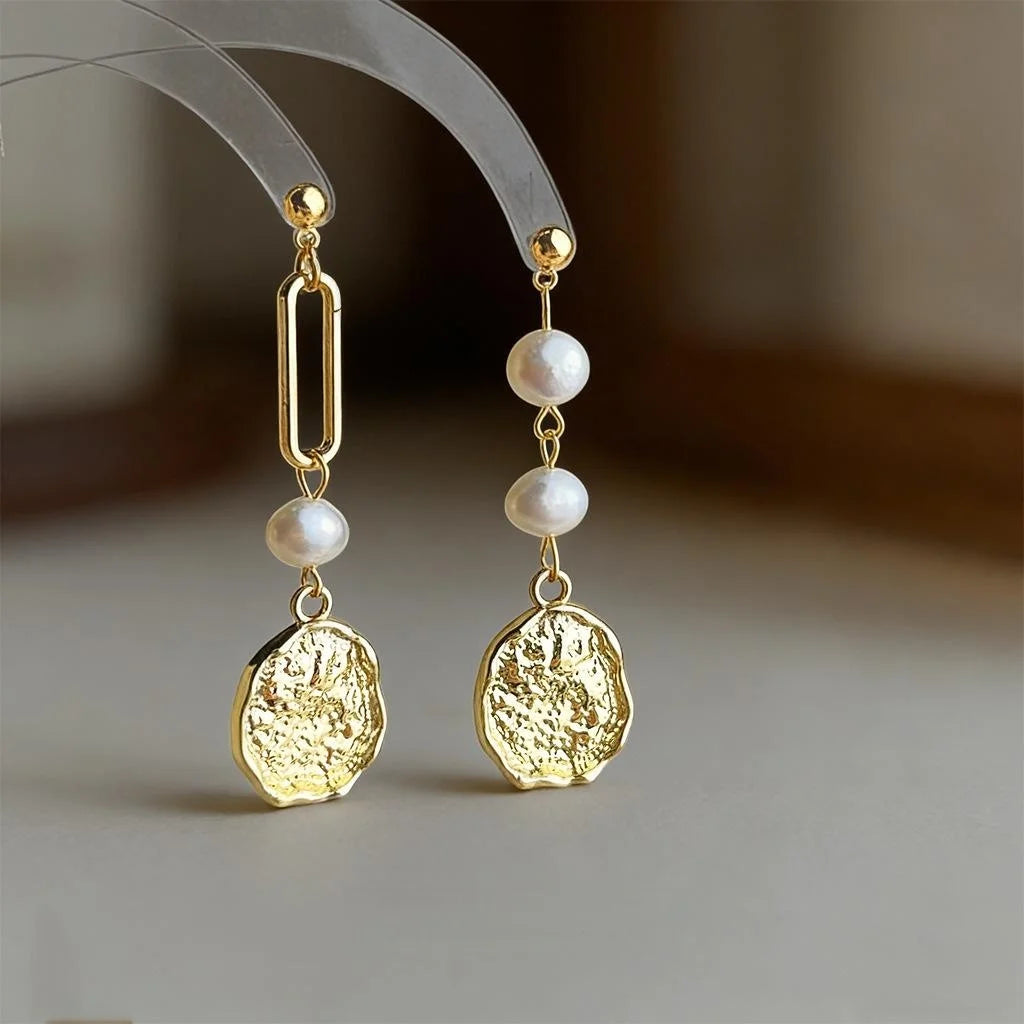14K Gold Plated Freshwater Pearl Asymmetric Drop Earrings Handmade Geometric Vacation Style