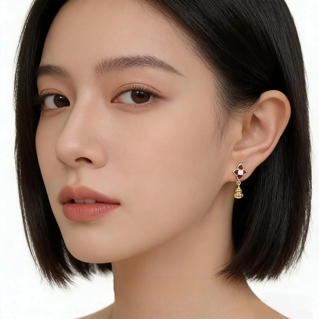 Light Luxury Copper Zircon Enamel Gourd Flower Geometric Drop Earrings