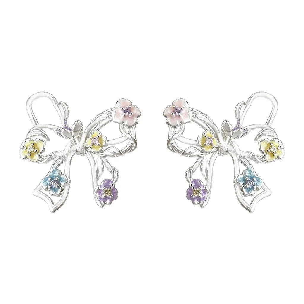 Sweet Fresh Bow Stud Earrings Copper Zircon Hollow Flower Enamel Painted Cute Jewelry
