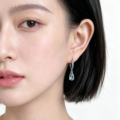 Light Luxury Aquamarine Teardrop Zircon Copper Geometric Round Drop Earrings