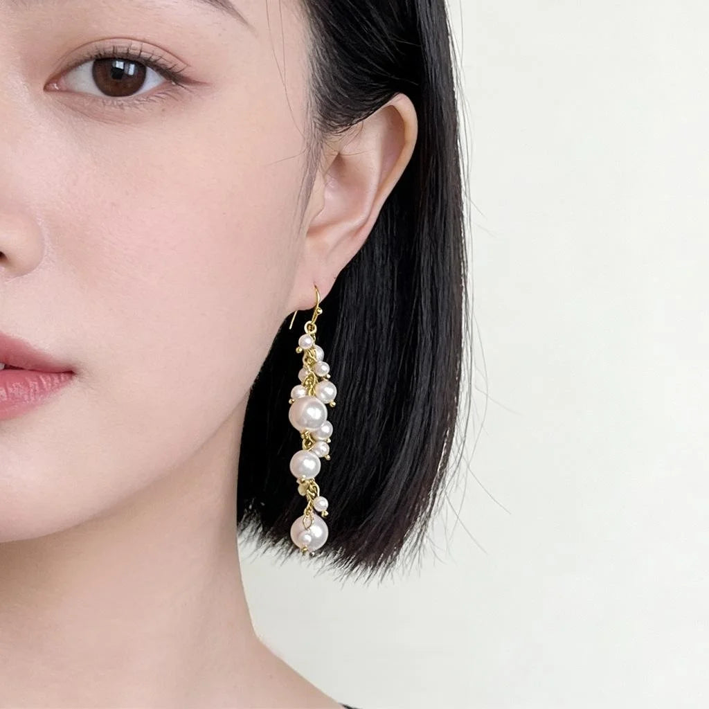 Light Luxury Handmade Geometric Glass Pearl Tassel Drop Earrings for Women