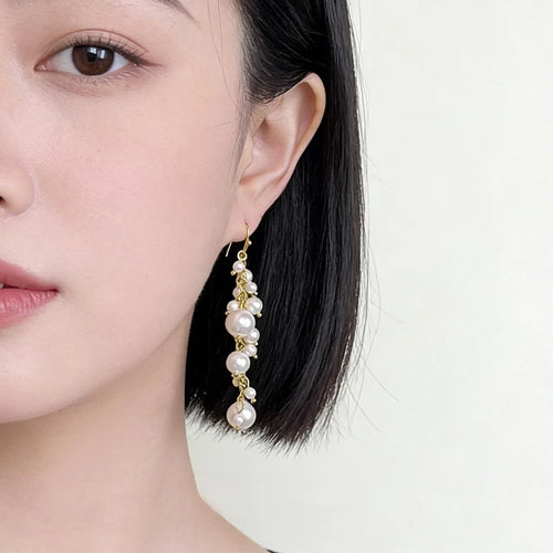 Light Luxury Handmade Geometric Glass Pearl Tassel Drop Earrings for Women