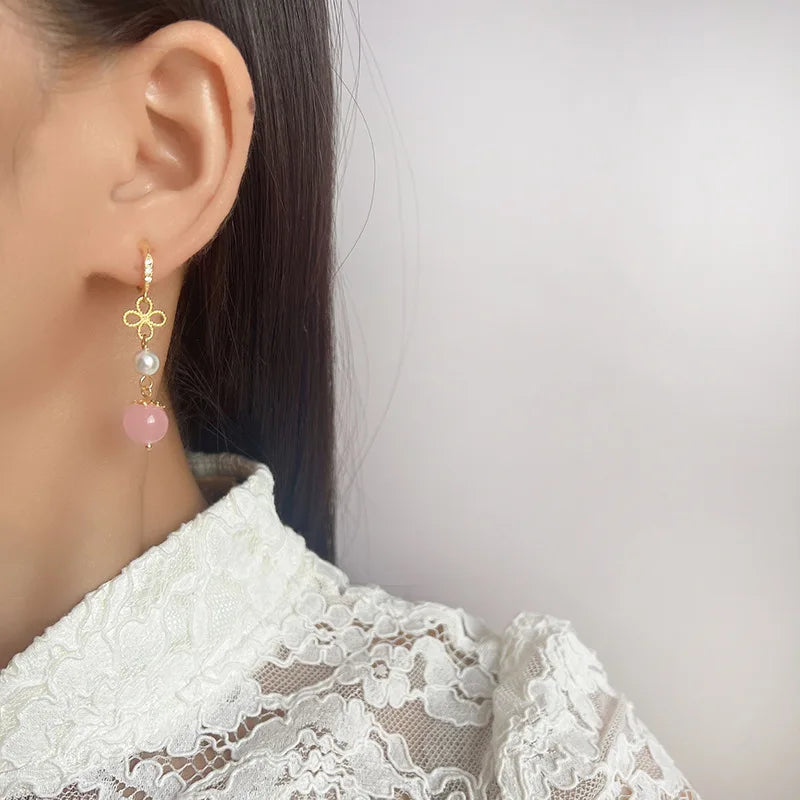 Elegant Chinese Style Pink Round Bead Pearl Flower Rhinestone Alloy Drop Stud & Clip On No Piercing Earrings