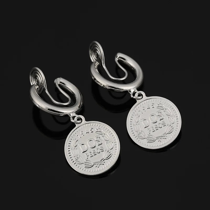Vintage Silver Alloy Portrait Coin Spiral Hoop European Dangle Stud & Clip On No Piercing Earrings