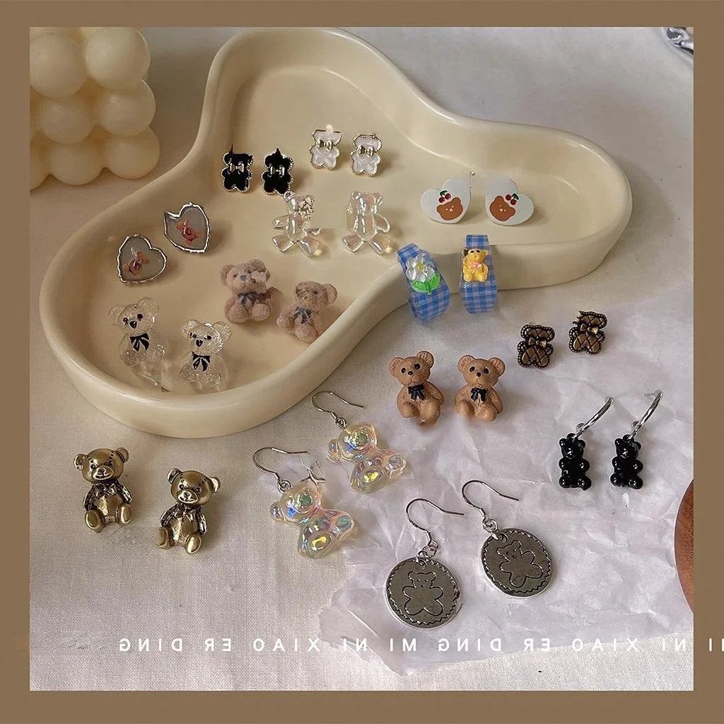 Cute Bear Alloy Stud Earrings Silver Plated Needle Lolita Style Girls Animal Ear Jewelry