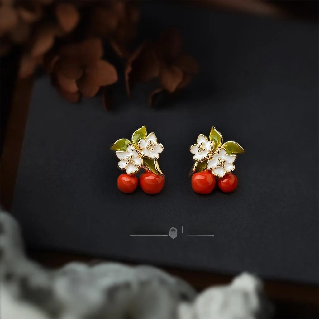 Pastoral Drip Enamel Cherry Flower Copper Stud Earrings