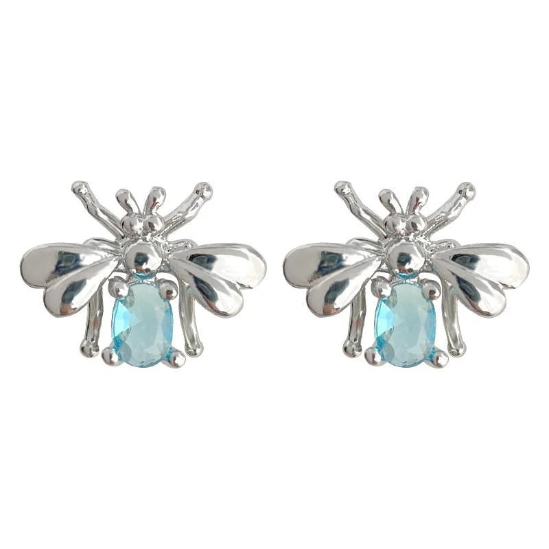 Fresh Style Micro Pave Zircon Bee Stud Earrings Copper Insect Design Silver Plated Pins
