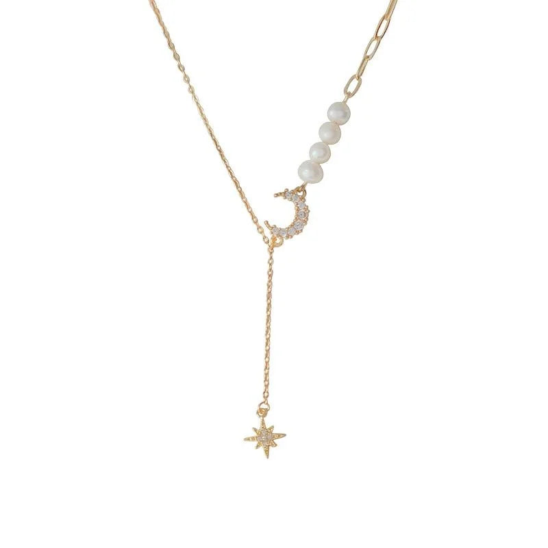 French Luxe 14K Plated Copper Zircon Micro Pave Star Freshwater Pearl Choker Necklace