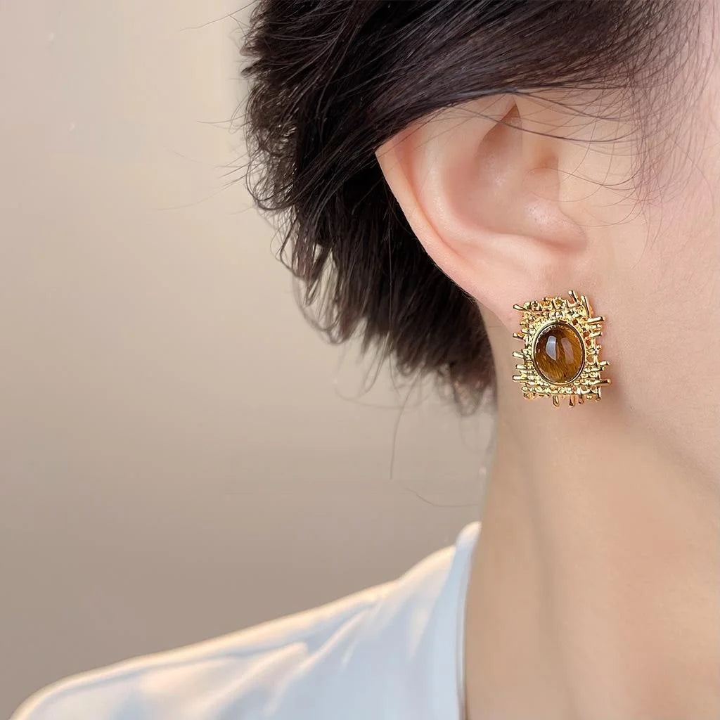 Maillard Style Tiger Eye Natural Stone Geometric Oval Mesh Drop Earrings For Women