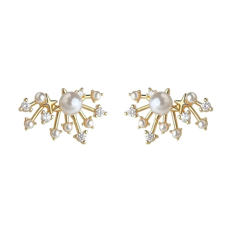 Luxury Silver Plated Copper Zircon Pearl Starburst Stud Earrings For Women