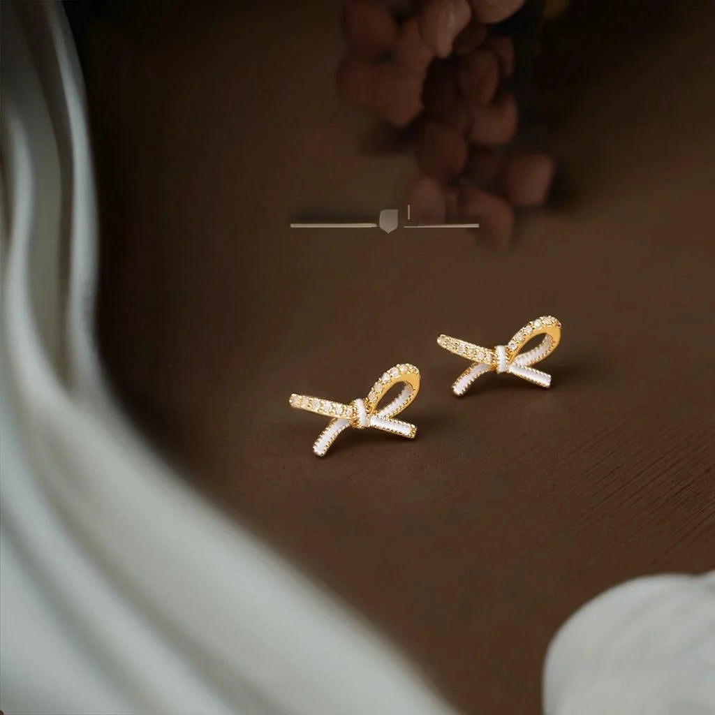 Sweet Micro Pave Zircon Enamel Bow Stud Earrings Eco-Friendly Copper Ribbon Knot Jewelry