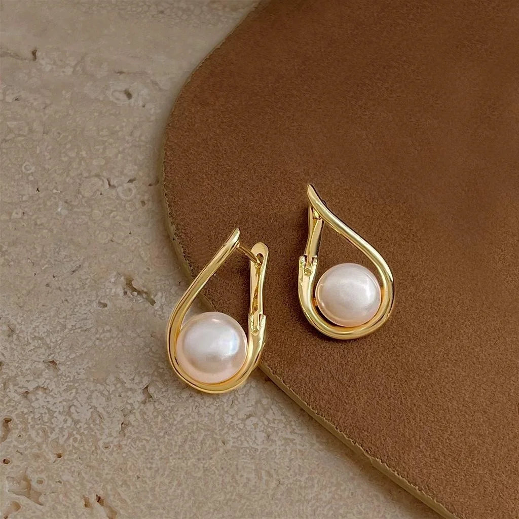 14K Gold Plated Copper Freshwater Pearl Teardrop Drop Earrings Elegant Minimalist Geometric Jewelry