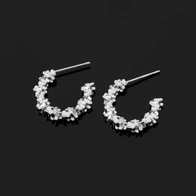 Elegant Silver Alloy Sparkle Textured Hoop Stud & Clip On No Piercing Daily Minimalist Earrings