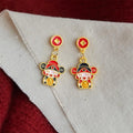 Asymmetric Hand Painted Enamel Copper God Of Wealth Doll Drop Earrings Chinese Ethnic Style