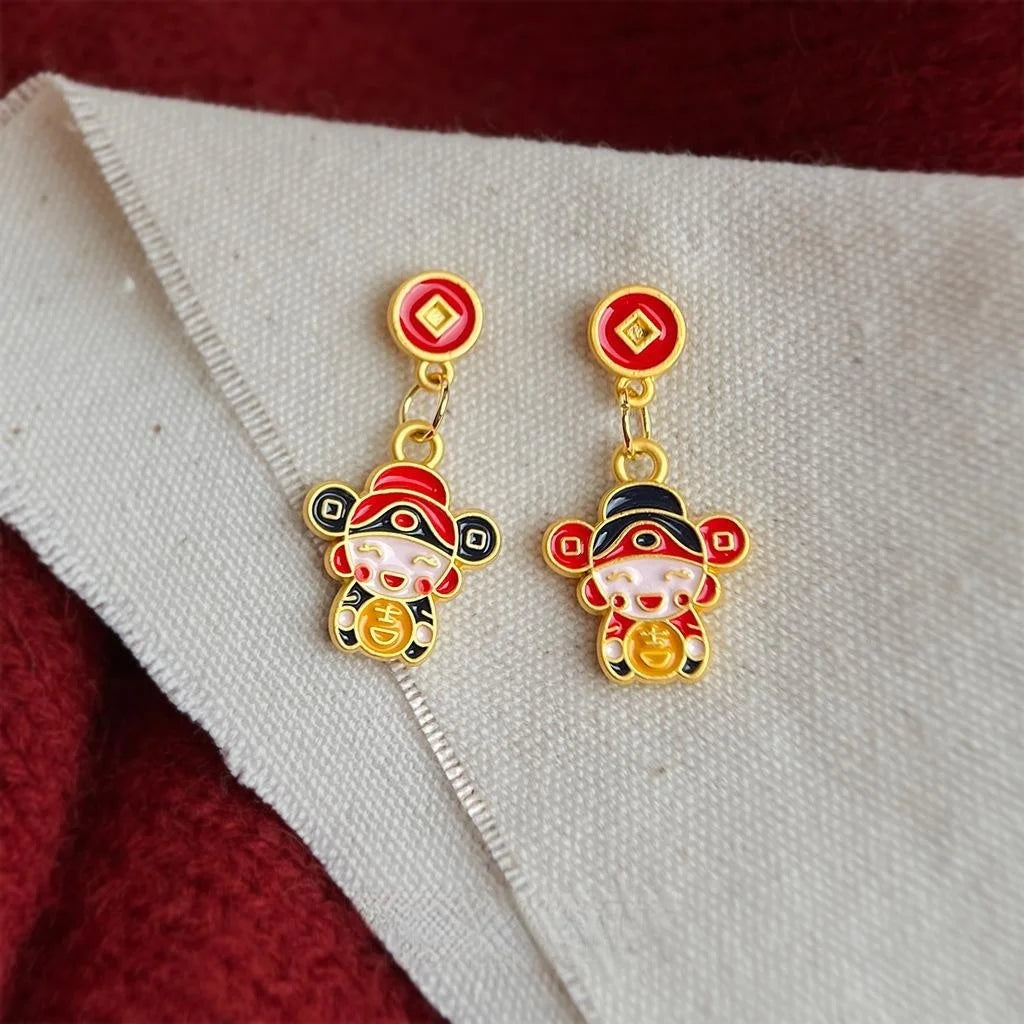 Asymmetric Hand Painted Enamel Copper God Of Wealth Doll Drop Earrings Chinese Ethnic Style