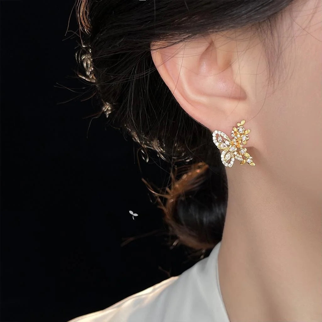 14K Gold Plated Copper Micro Pave Zircon Butterfly Flower Stud Earrings Sweet Chic
