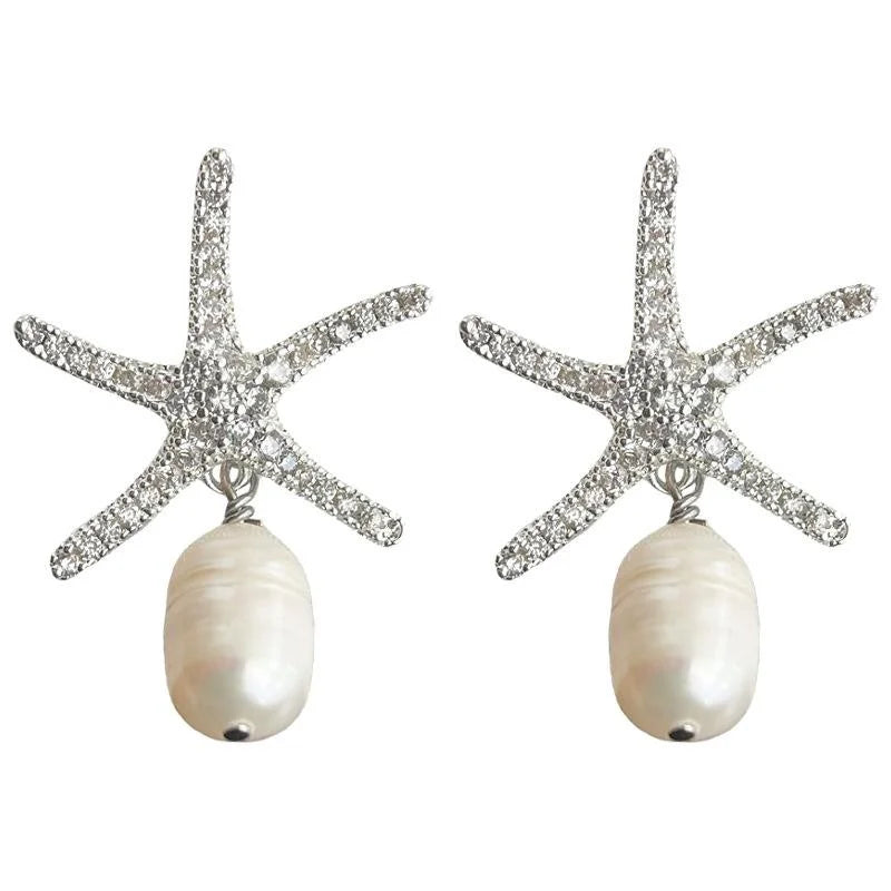 14K Gold Plated Copper Freshwater Pearl Zircon Starfish Drop Earrings Summer Vacation Style