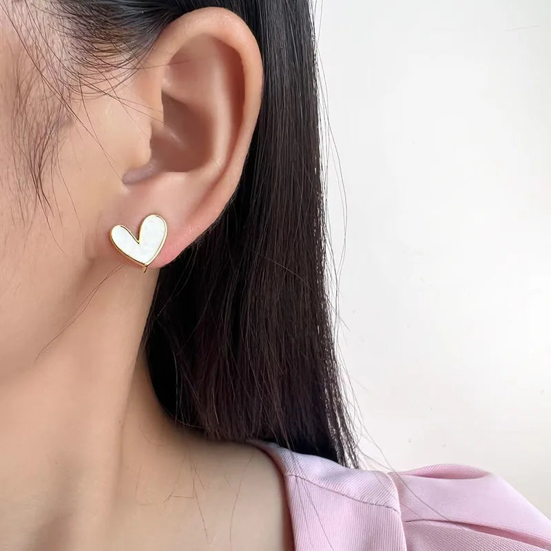 Elegant White Enamel Heart Stud & Clip On No Piercing Alloy Earrings