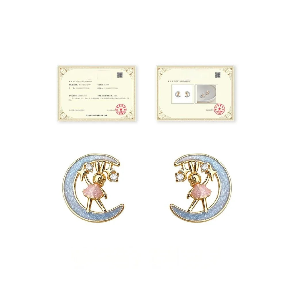 14K Plated Copper Moon Rabbit Stud Earrings With Micro Pave Zircon Hand Painted Fairy Style